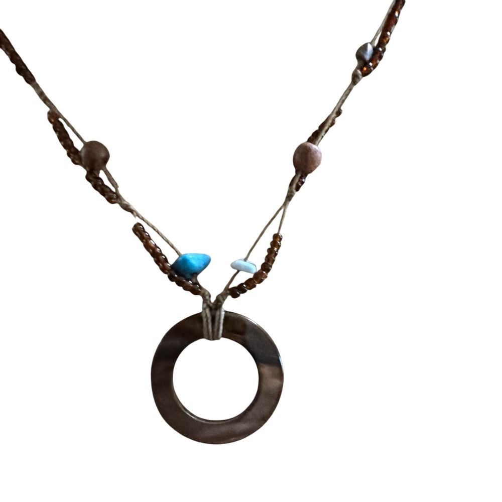 Boho Earthy Brown Shell Ring Pendant Beaded Necklace Turquoise Accents Boho